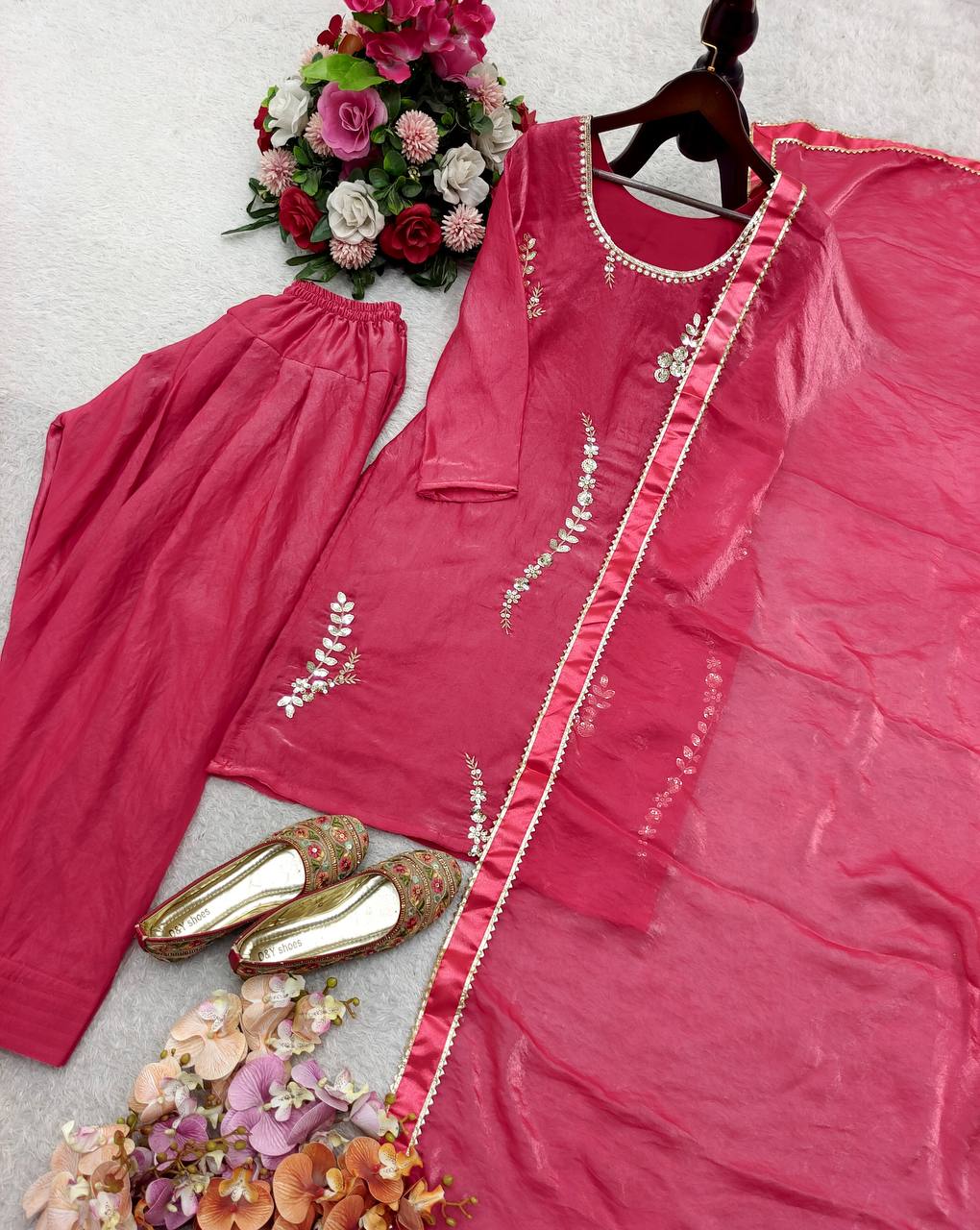 Designer Pink Color Silk Embroidery Work Farshi Set