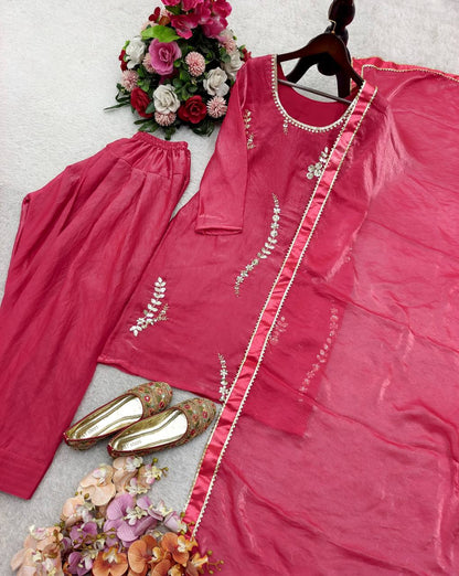 Designer Pink Color Silk Embroidery Work Farshi Set