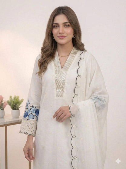 Party Wear Off White Color Mal Chanderi Sequence Embroidered Palazzo Suit Set