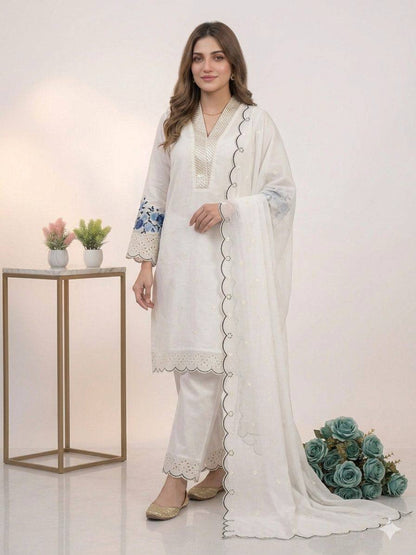 Party Wear Off White Color Mal Chanderi Sequence Embroidered Palazzo Suit Set