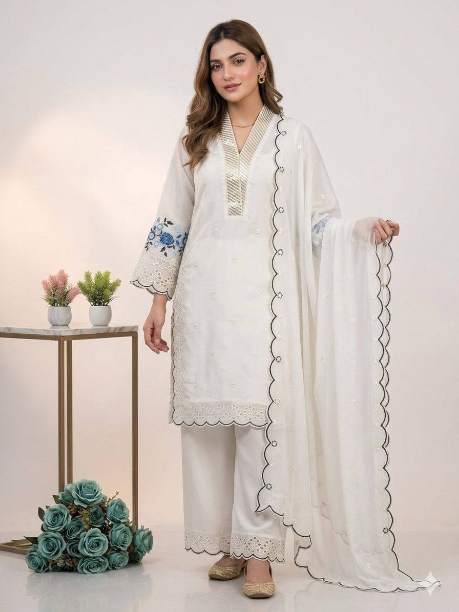 Party Wear Off White Color Mal Chanderi Sequence Embroidered Palazzo Suit Set