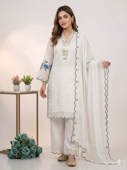Party Wear Off White Color Mal Chanderi Sequence Embroidered Palazzo Suit Set