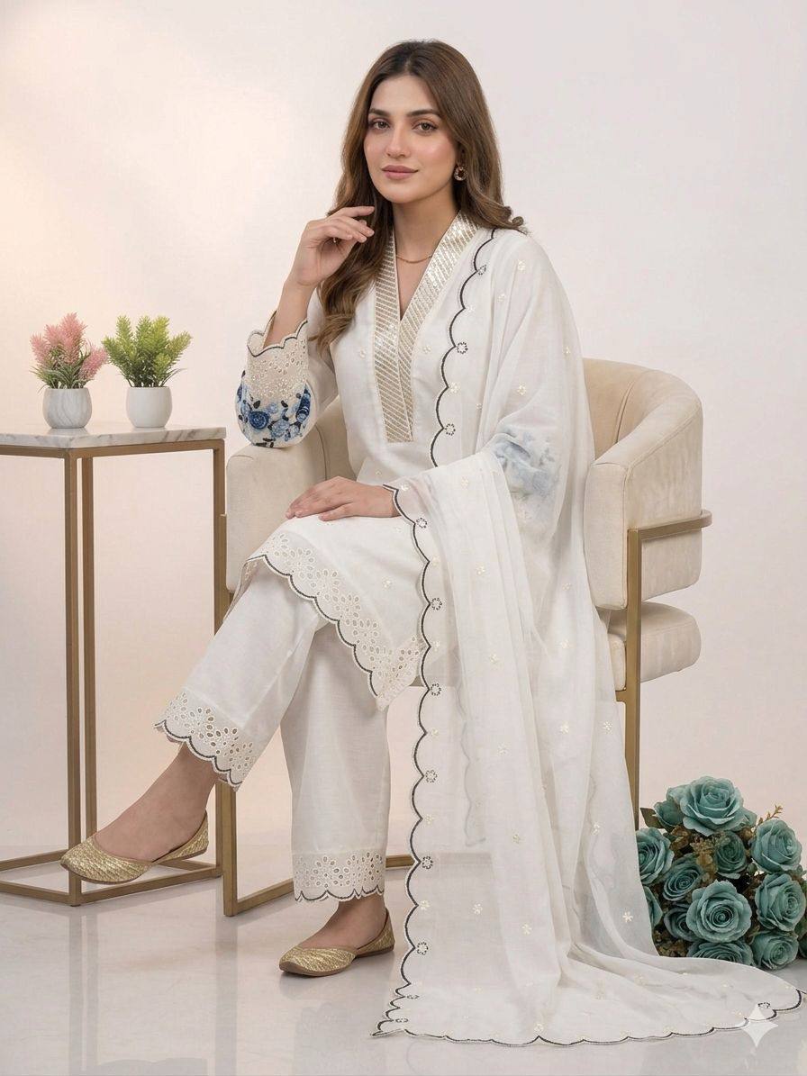 Party Wear Off White Color Mal Chanderi Sequence Embroidered Palazzo Suit Set