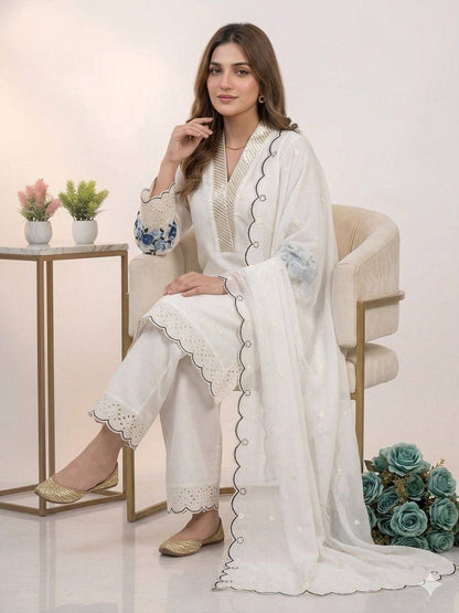 Party Wear Off White Color Mal Chanderi Sequence Embroidered Palazzo Suit Set