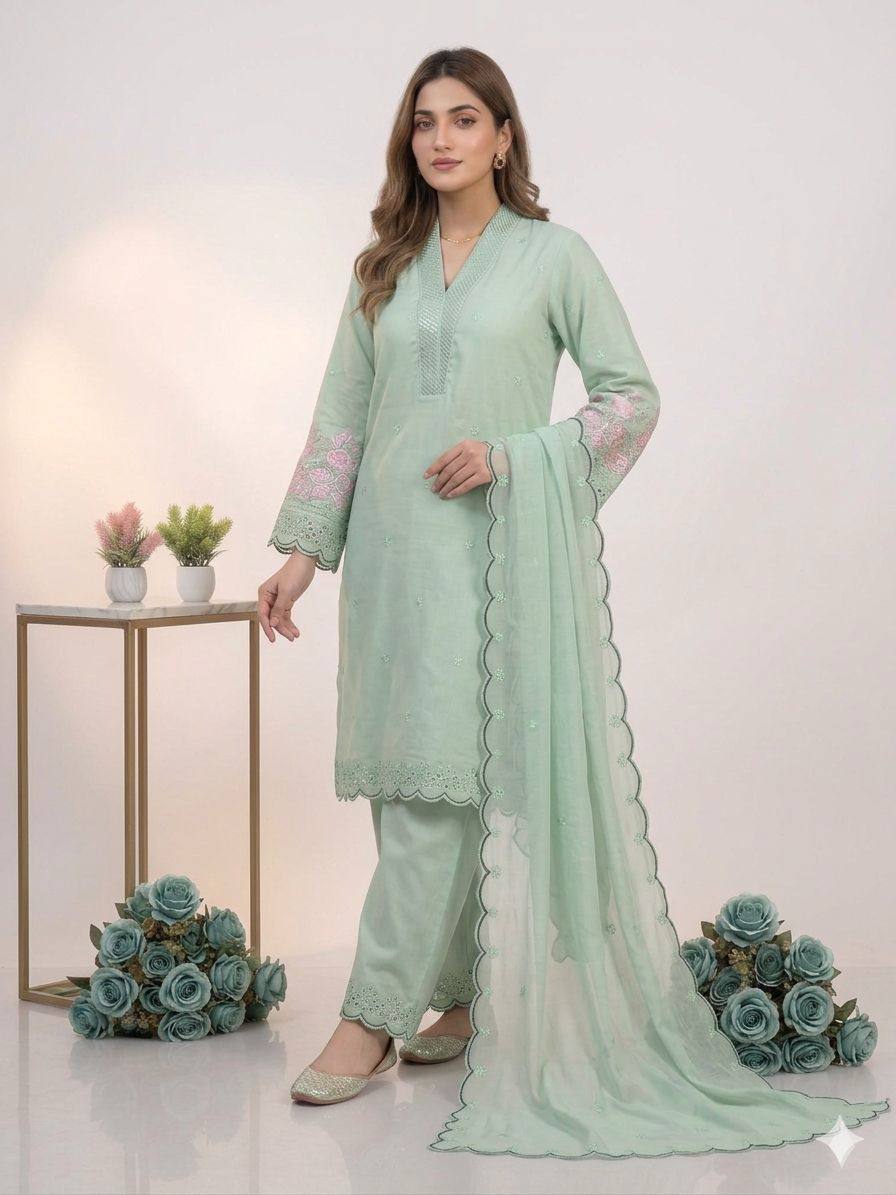 Party Wear Green Color Mal Chanderi Sequence Embroidered Palazzo Suit