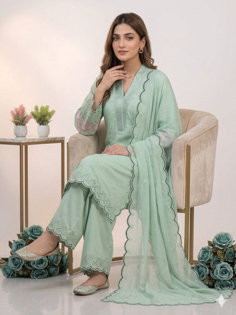 Party Wear Green Color Mal Chanderi Sequence Embroidered Palazzo Suit