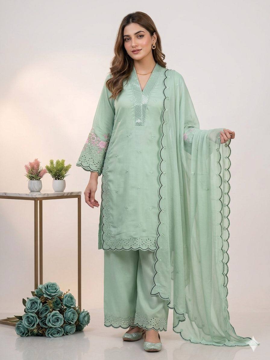 Party Wear Green Color Mal Chanderi Sequence Embroidered Palazzo Suit