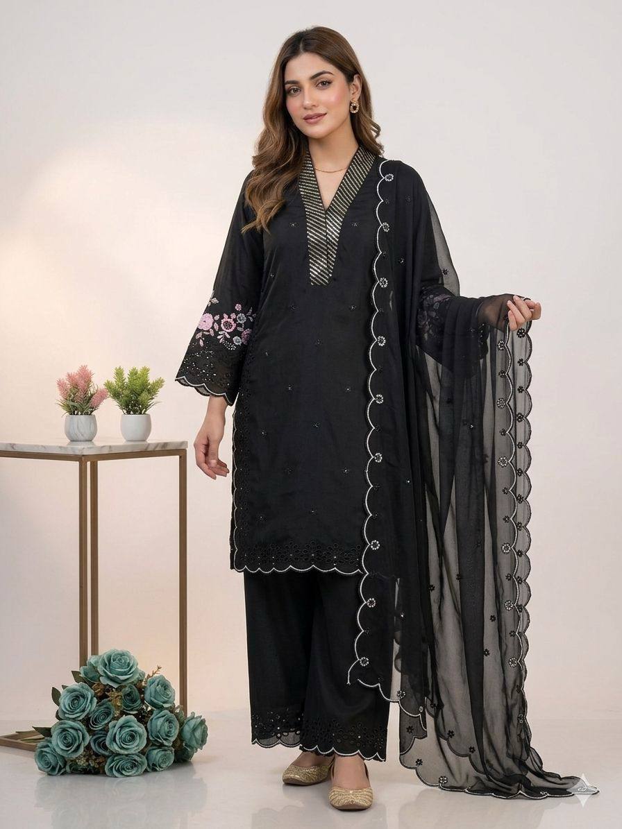 Party Wear Black Color Mal Chanderi Sequence Embroidered Palazzo Suit