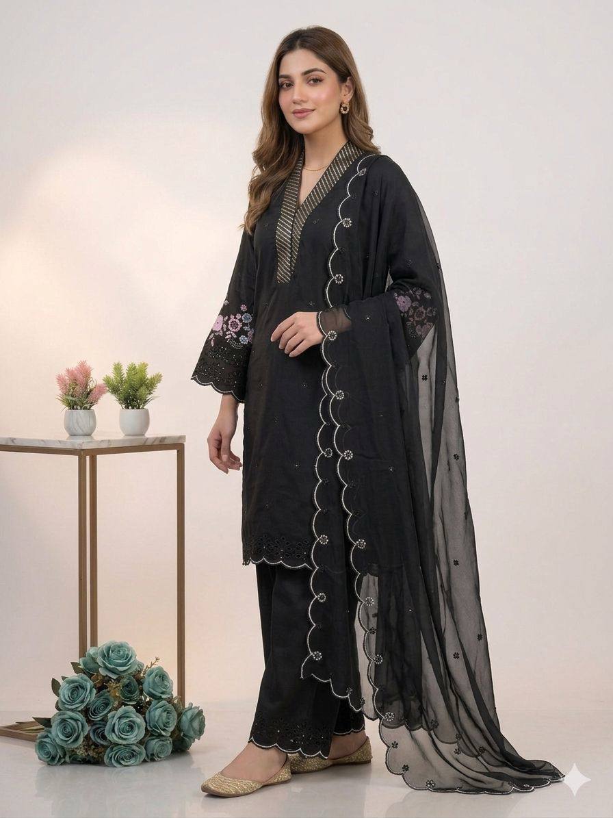Party Wear Black Color Mal Chanderi Sequence Embroidered Palazzo Suit