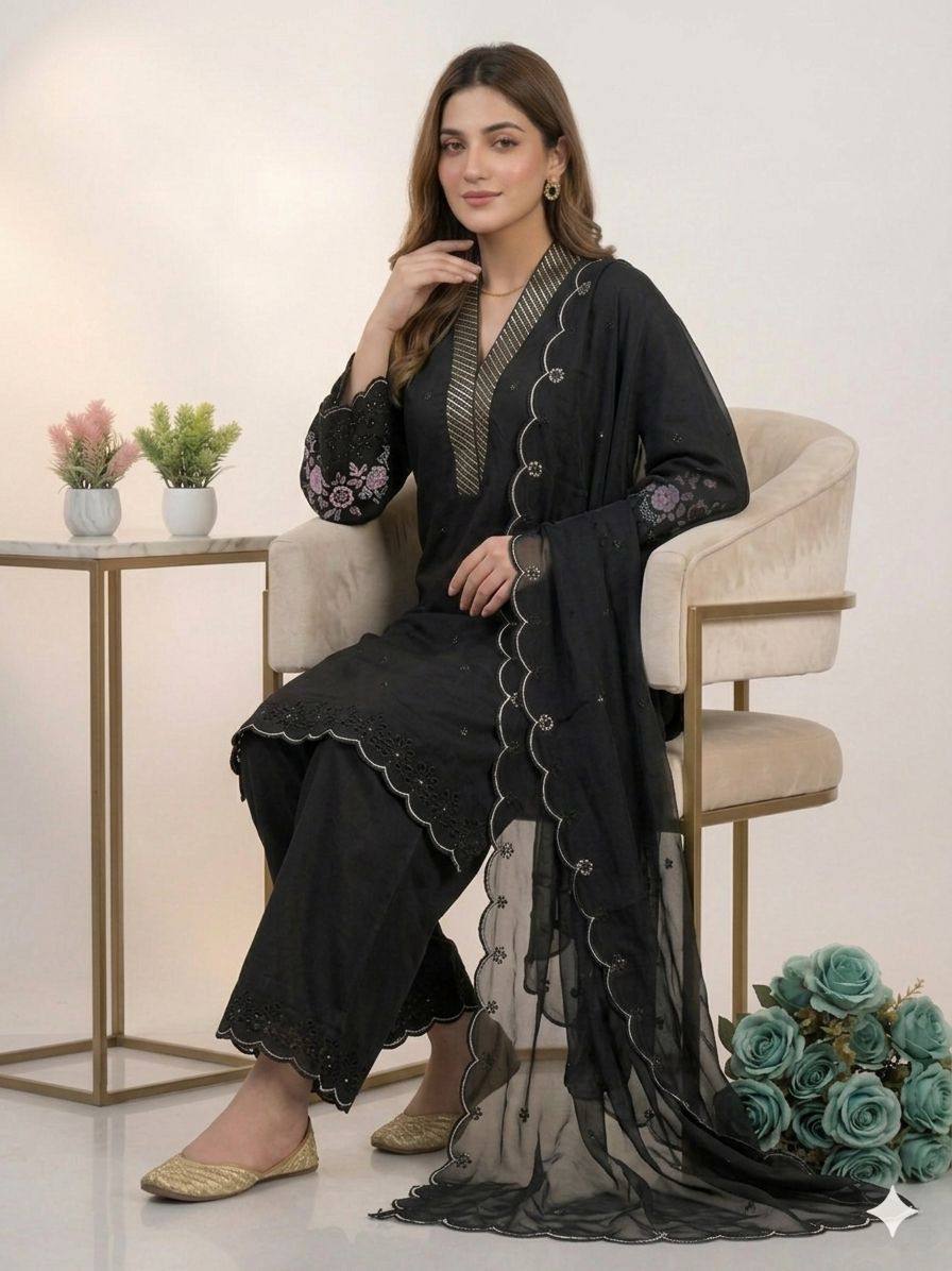 Party Wear Black Color Mal Chanderi Sequence Embroidered Palazzo Suit