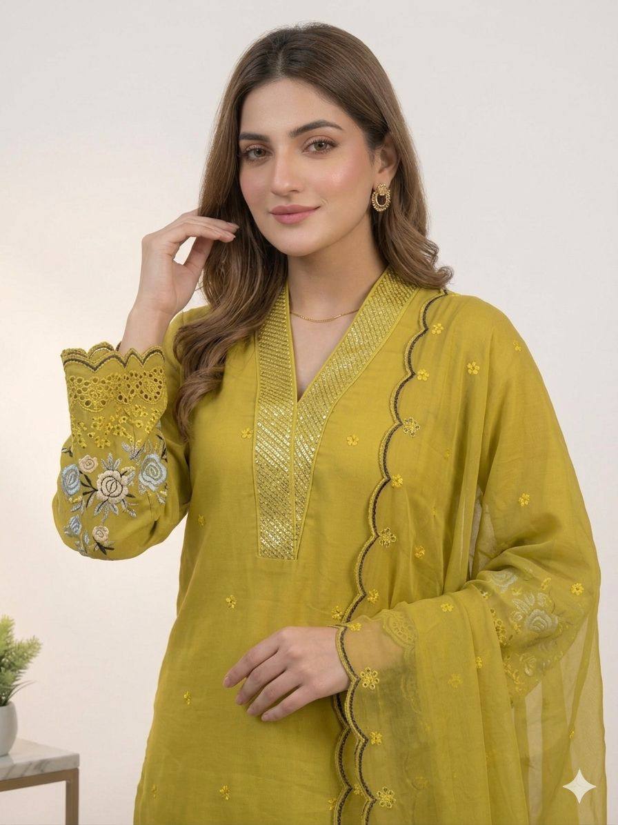 Party Wear Mustard Color Mal Chanderi Sequence Embroidered Palazzo Suit