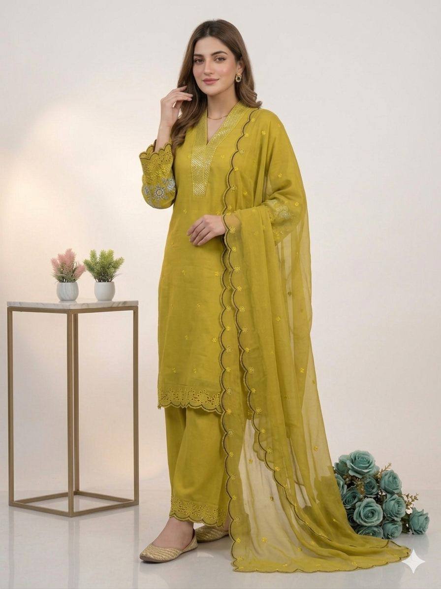 Party Wear Mustard Color Mal Chanderi Sequence Embroidered Palazzo Suit