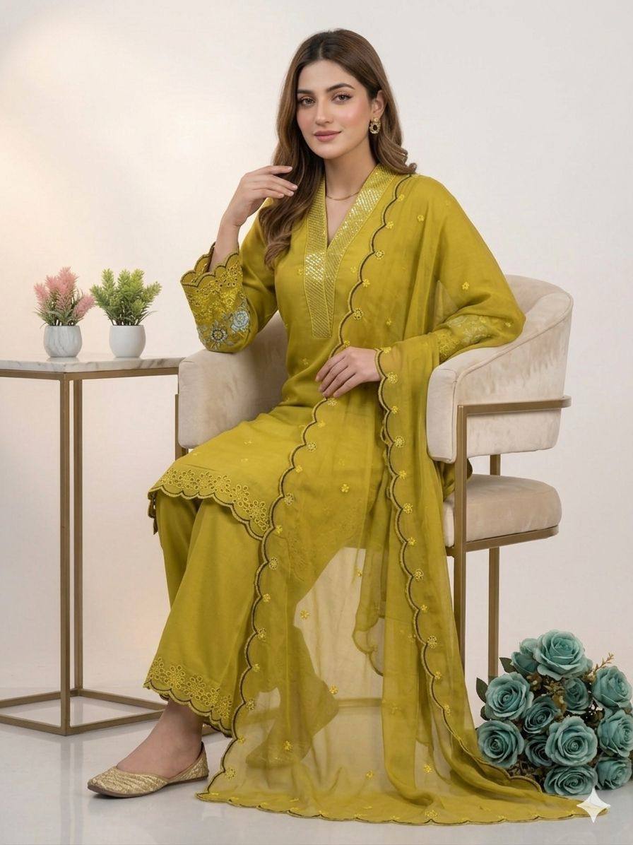 Party Wear Mustard Color Mal Chanderi Sequence Embroidered Palazzo Suit