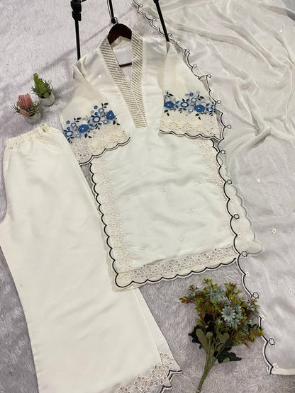 Party Wear Off White Color Mal Chanderi Sequence Embroidered Palazzo Suit Set