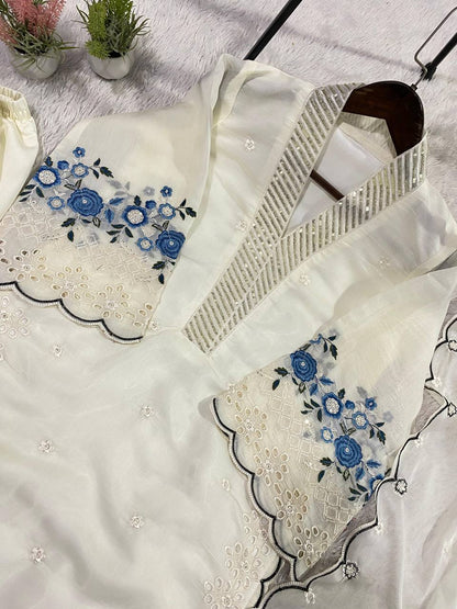 Party Wear Off White Color Mal Chanderi Sequence Embroidered Palazzo Suit Set