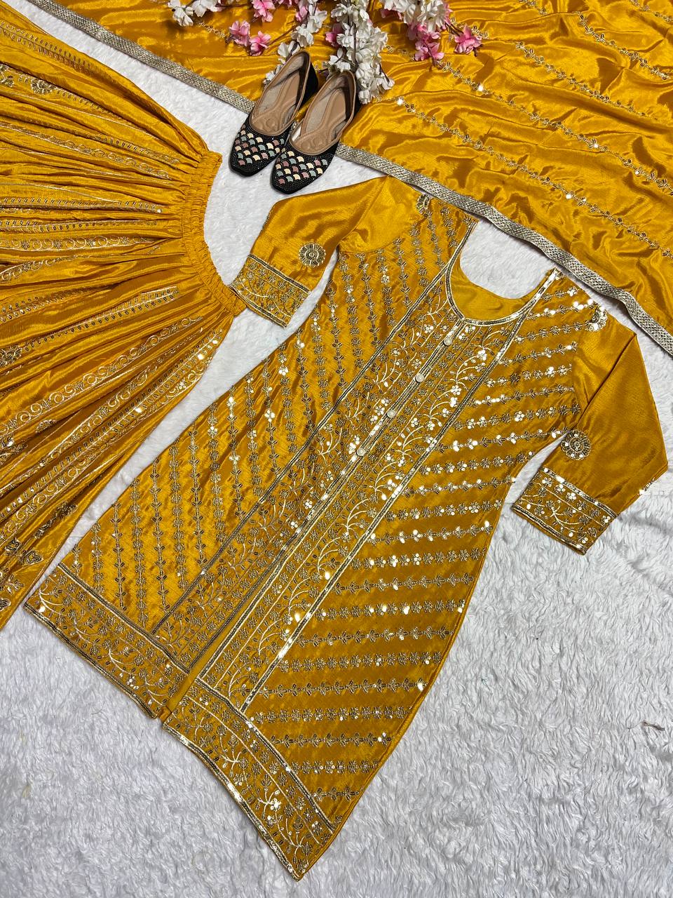 Haldi Wear Yellow Color Heavy Faux Georgette With Embroidery Sequence Work Palazzo Suit