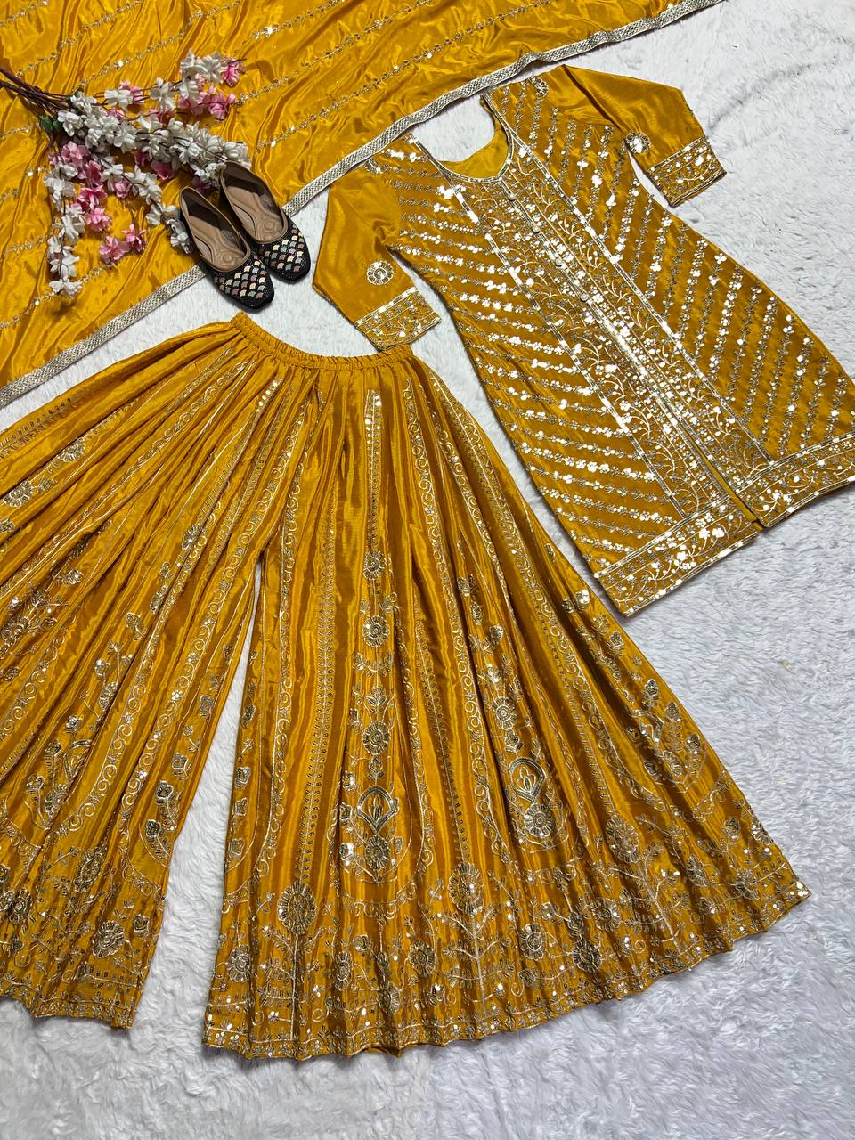 Haldi Wear Yellow Color Heavy Faux Georgette With Embroidery Sequence Work Palazzo Suit