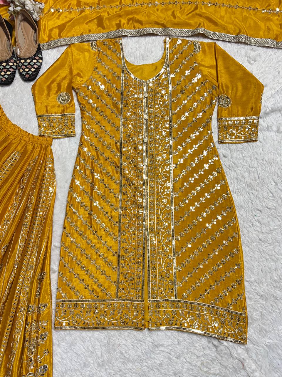 Haldi Wear Yellow Color Heavy Faux Georgette With Embroidery Sequence Work Palazzo Suit
