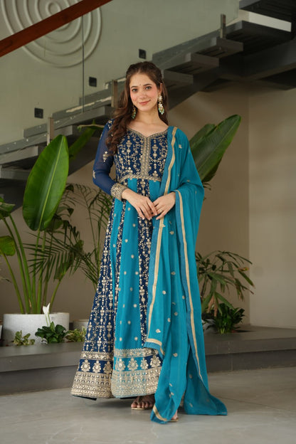 Party Wear Blue Color Zari And Sequins Embroidered Designer Gown