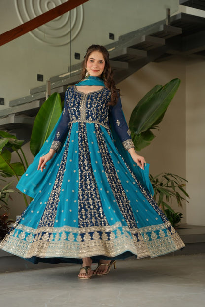 Party Wear Blue Color Zari And Sequins Embroidered Designer Gown