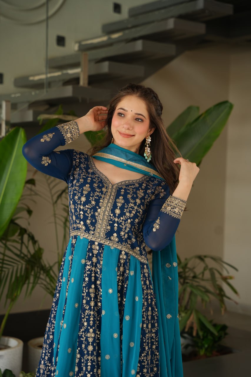Party Wear Blue Color Zari And Sequins Embroidered Designer Gown