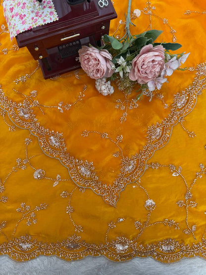 Bridal Haldi Wear Yellow Color Fendy Silk Beads And Sequins Work Designer Saree
