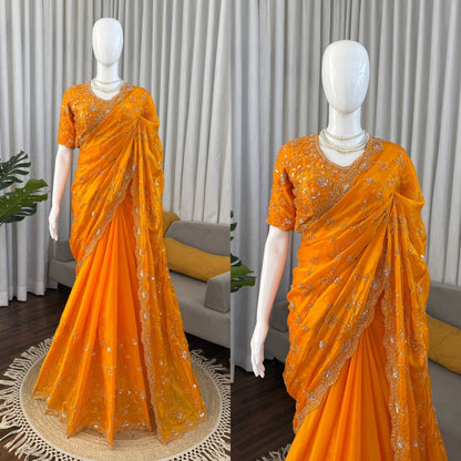 Bridal Haldi Wear Yellow Color Fendy Silk Beads And Sequins Work Designer Saree