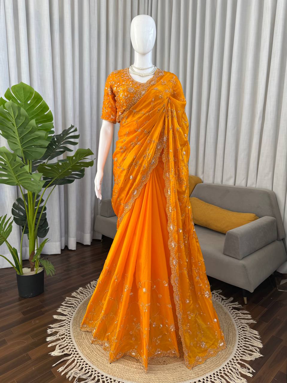 Bridal Haldi Wear Yellow Color Fendy Silk Beads And Sequins Work Designer Saree