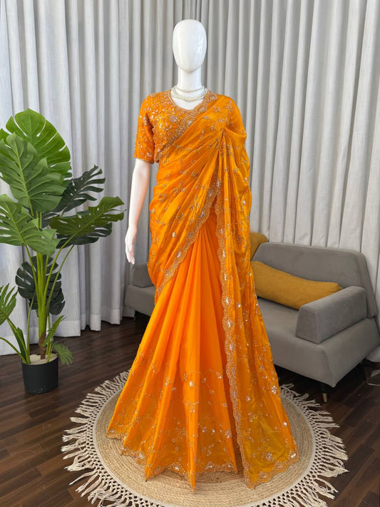 Bridal Haldi Wear Yellow Color Fendy Silk Beads And Sequins Work Designer Saree