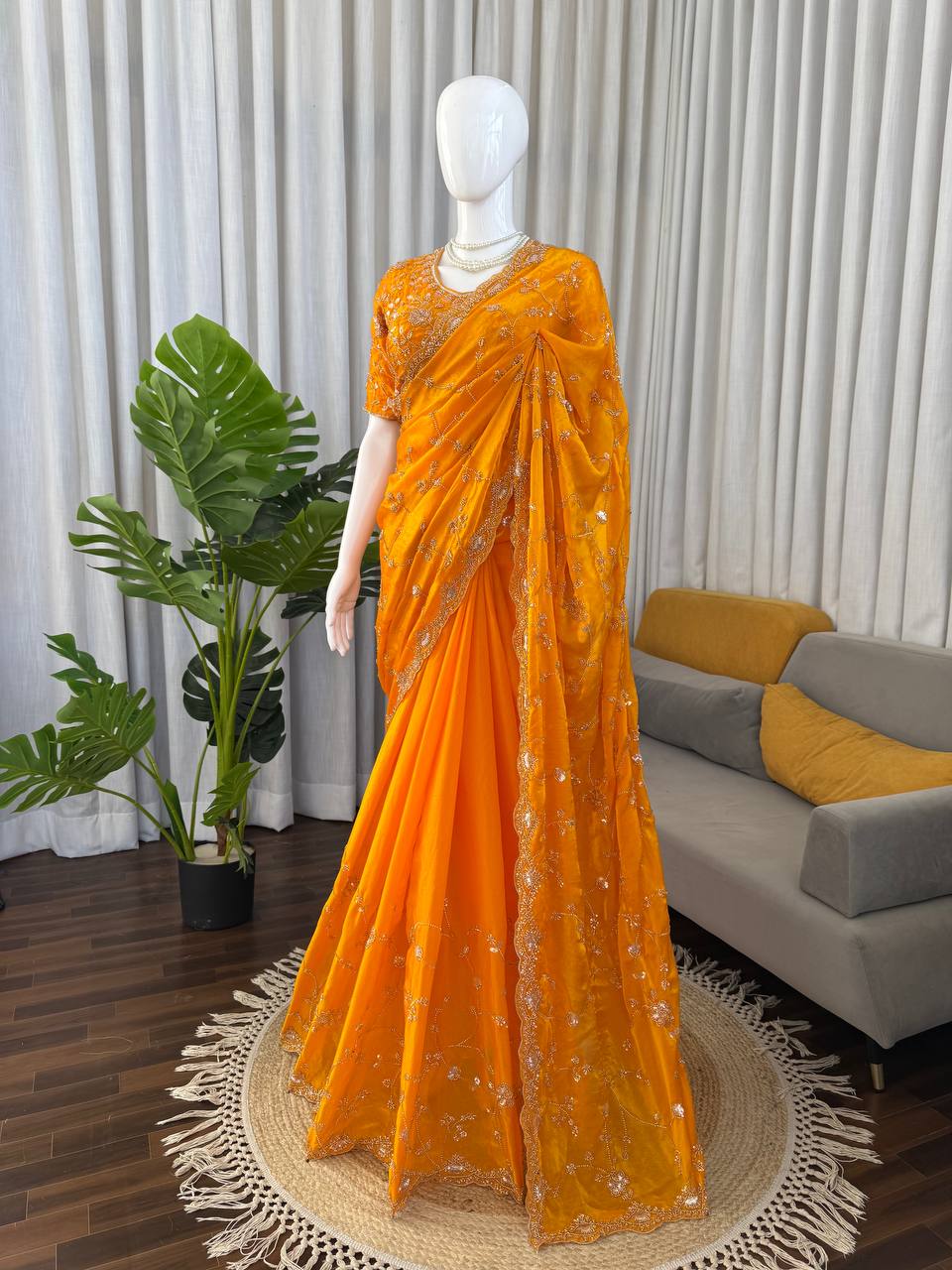 Bridal Haldi Wear Yellow Color Fendy Silk Beads And Sequins Work Designer Saree