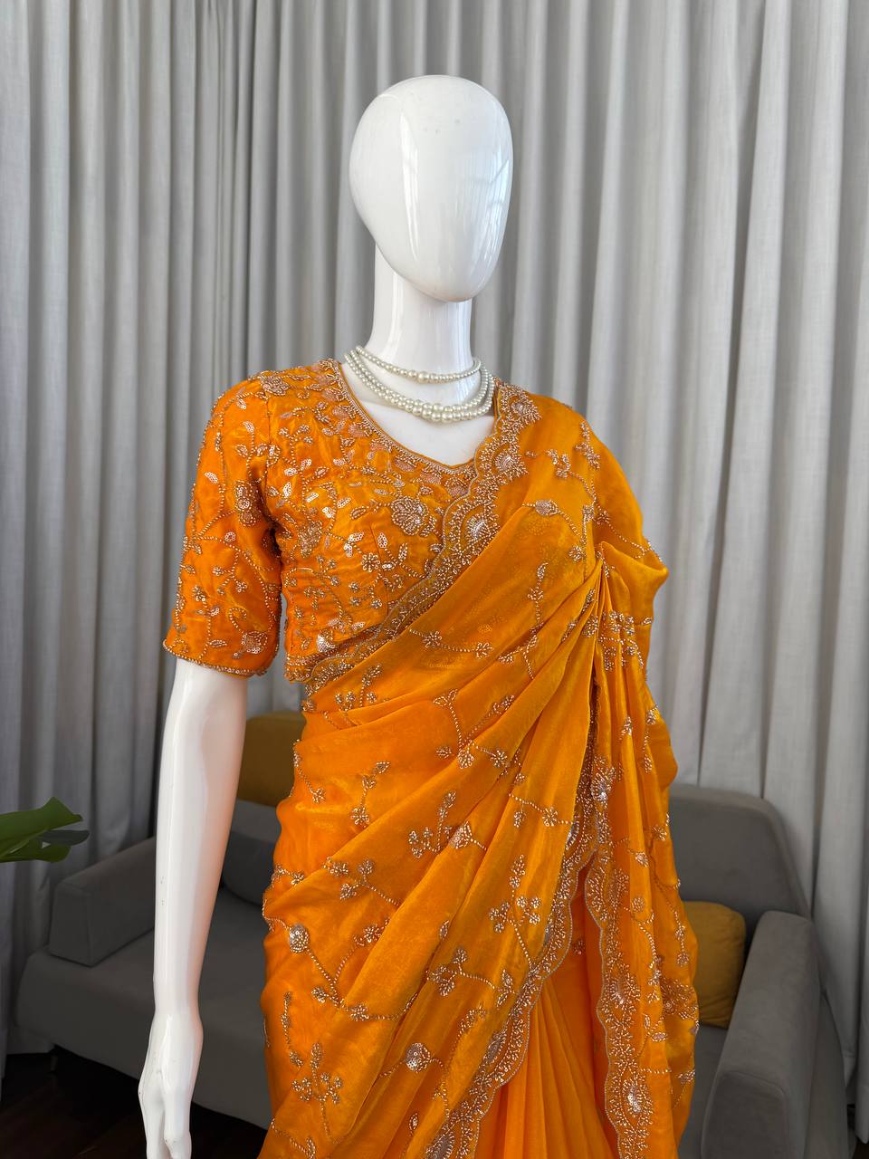 Bridal Haldi Wear Yellow Color Fendy Silk Beads And Sequins Work Designer Saree