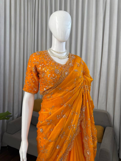 Bridal Haldi Wear Yellow Color Fendy Silk Beads And Sequins Work Designer Saree