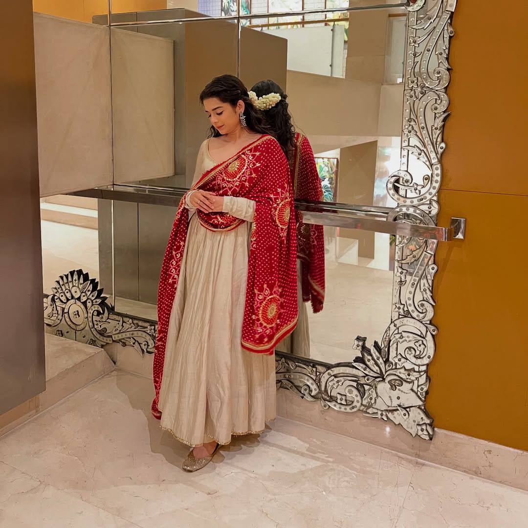 Designer Beige Color Gown With Bandhani Printed Dupatta Set