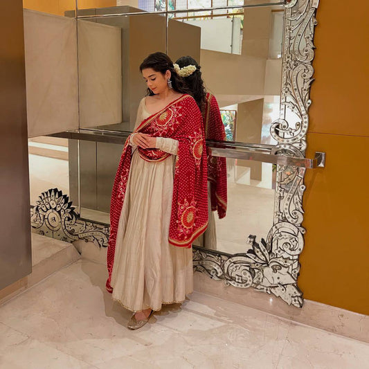 Designer Beige Color Gown With Bandhani Printed Dupatta Set
