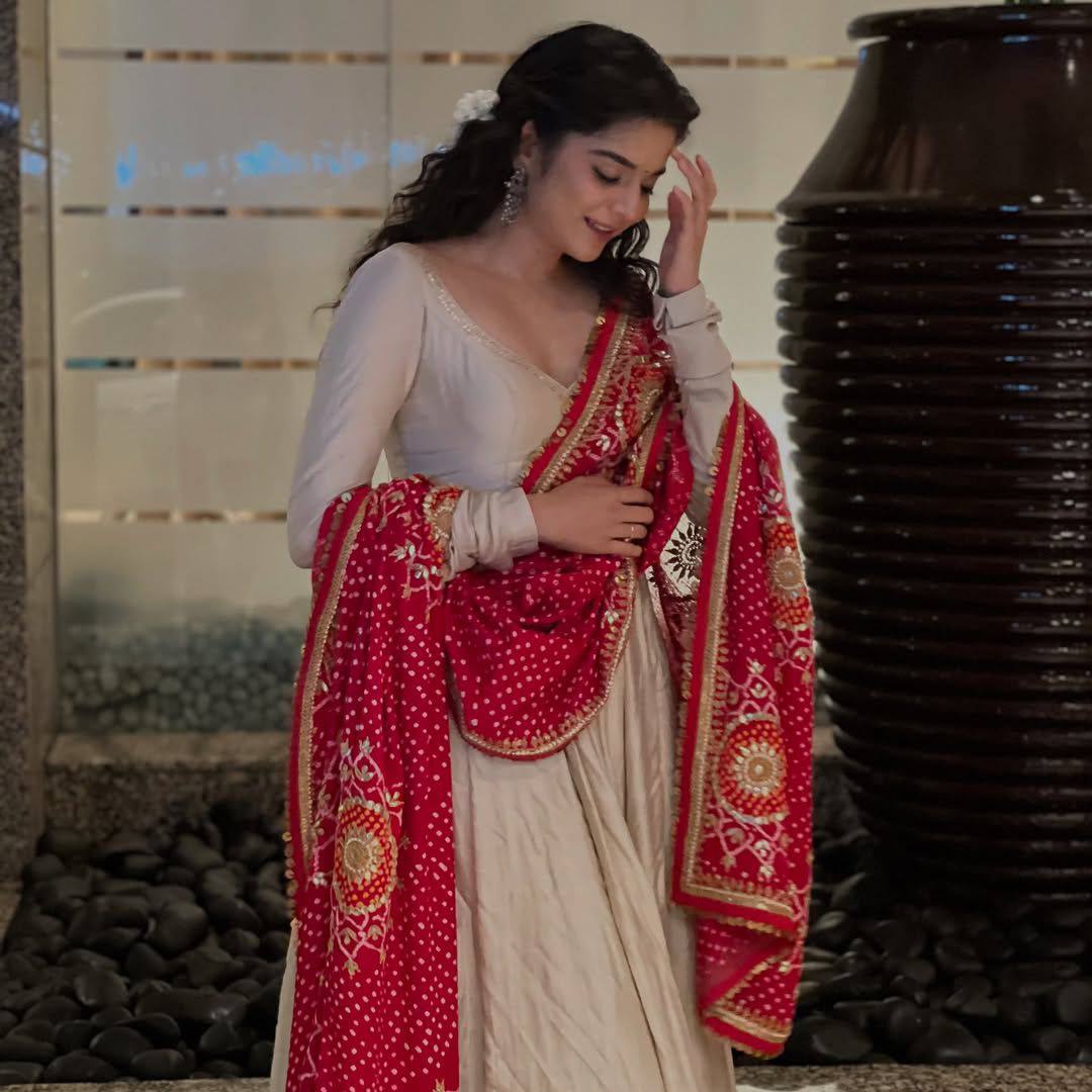 Designer Beige Color Gown With Bandhani Printed Dupatta Set