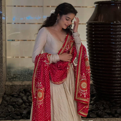 Designer Beige Color Gown With Bandhani Printed Dupatta Set