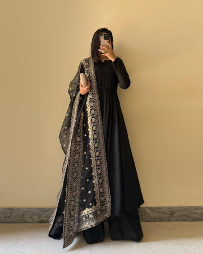 Party Wear Black Color Chinon Silk Suit With Thread And Sequence Work Dupatta