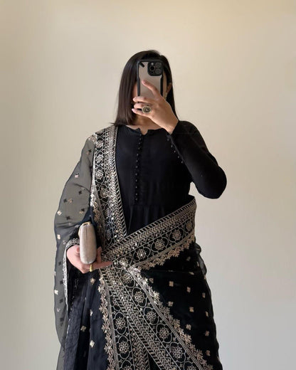 Party Wear Black Color Chinon Silk Suit With Thread And Sequence Work Dupatta