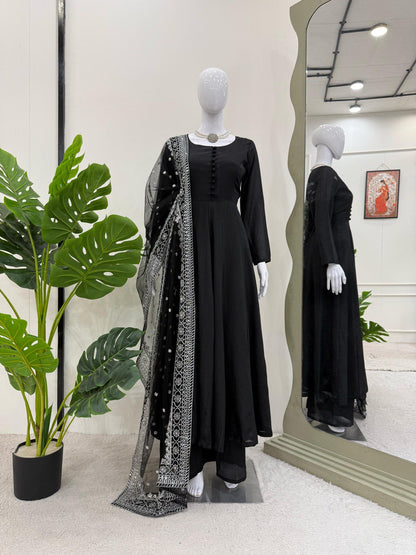 Party Wear Black Color Chinon Silk Suit With Thread And Sequence Work Dupatta