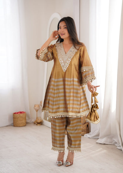 Wedding Wear Mustard Two Tone Tissue Mirror Work Co-Ord Set