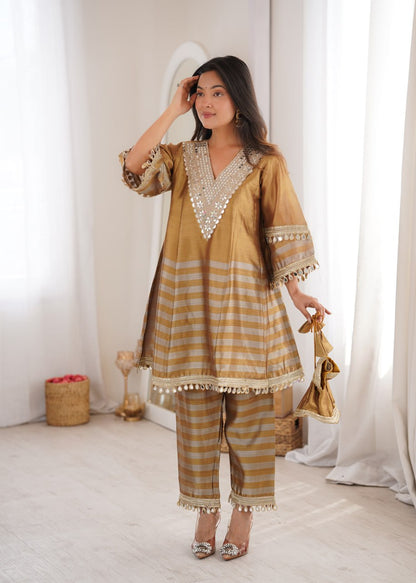 Wedding Wear Mustard Two Tone Tissue Mirror Work Co-Ord Set