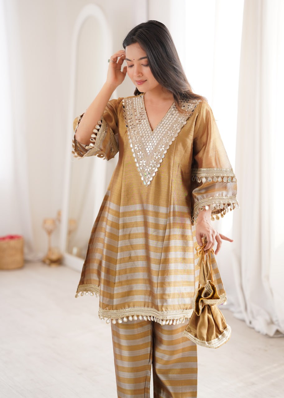 Wedding Wear Mustard Two Tone Tissue Mirror Work Co-Ord Set