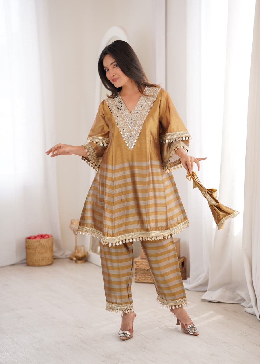 Wedding Wear Mustard Two Tone Tissue Mirror Work Co-Ord Set