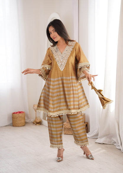 Wedding Wear Mustard Two Tone Tissue Mirror Work Co-Ord Set