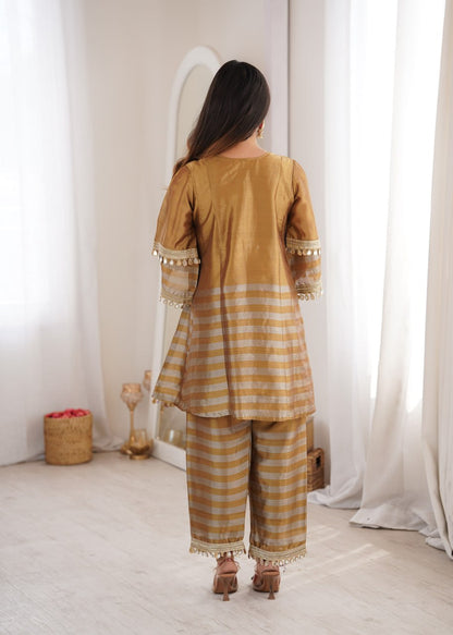 Wedding Wear Mustard Two Tone Tissue Mirror Work Co-Ord Set