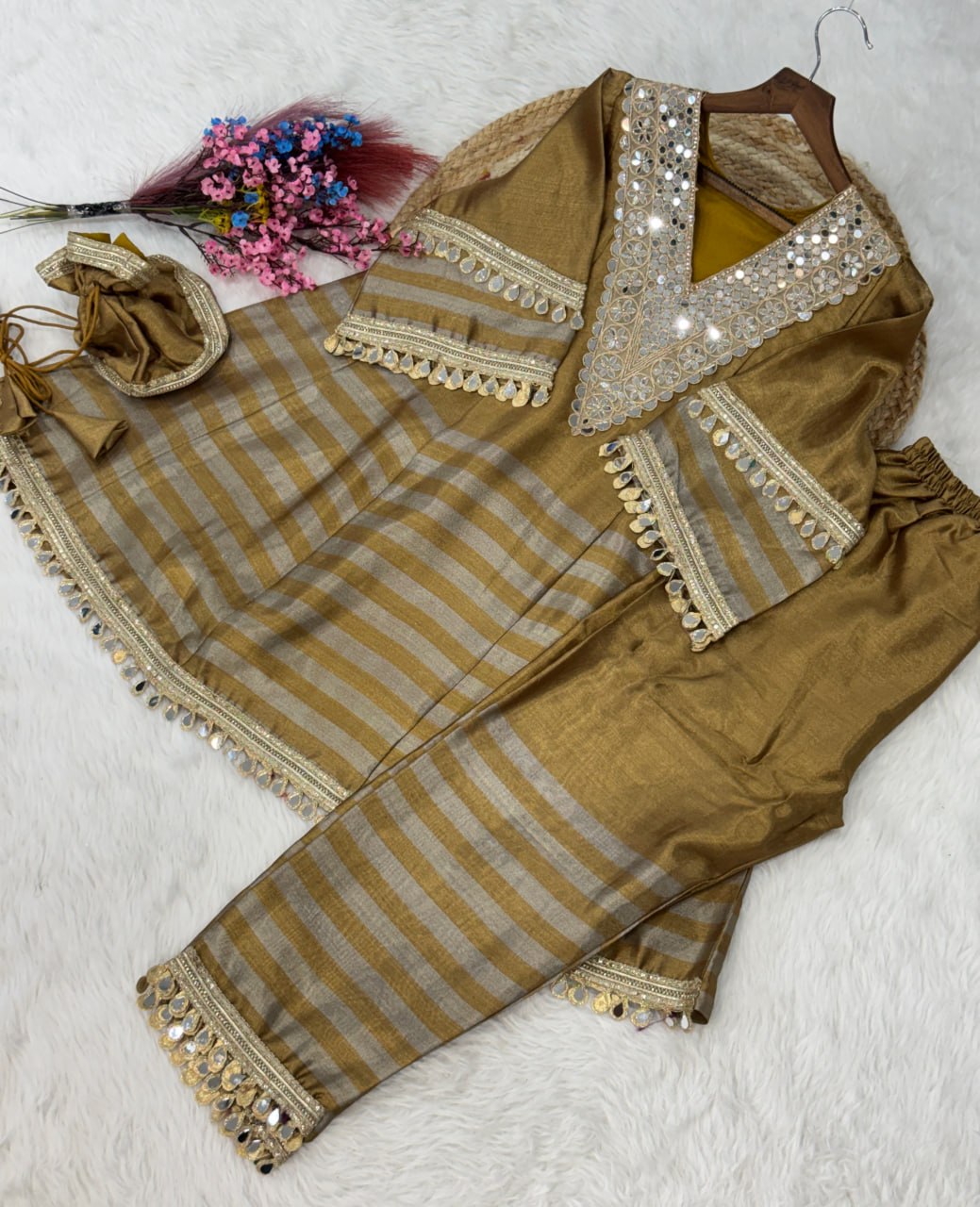 Wedding Wear Mustard Two Tone Tissue Mirror Work Co-Ord Set