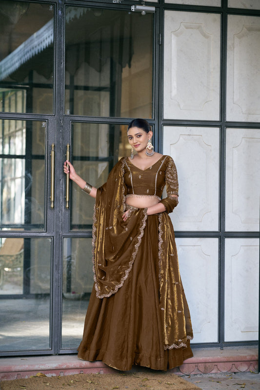 Party Wear Brown Color Embroidered Sequences Work Lehenga Choli