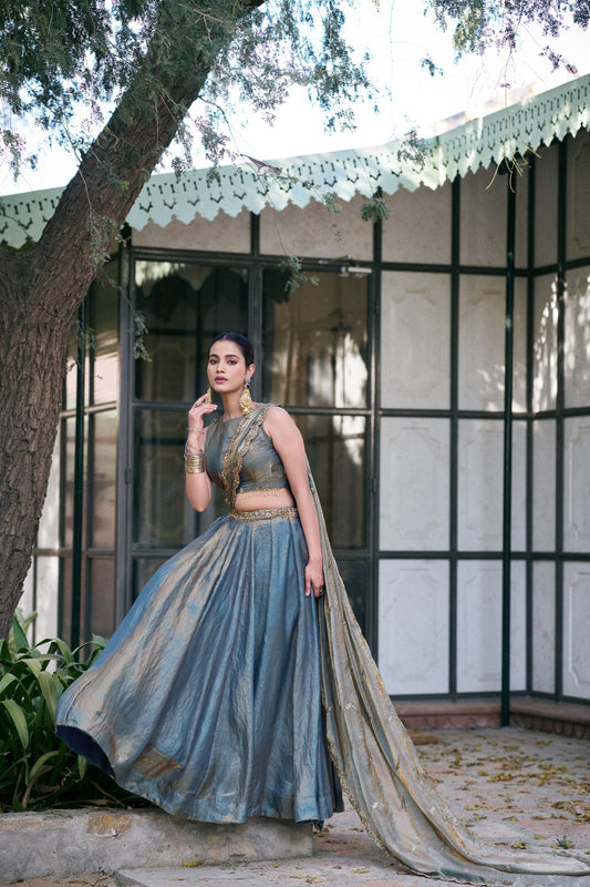 Ceremony Wear Sky Color Embroidered Sequences Work Lehenga Choli