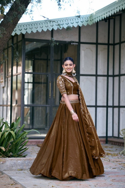 Party Wear Brown Color Embroidered Sequences Work Lehenga Choli
