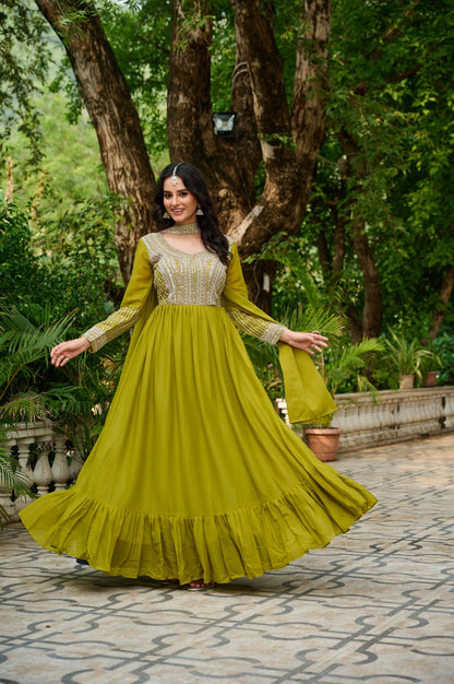 Green Color Embroidery Beads Sequins Work Designer Gown
